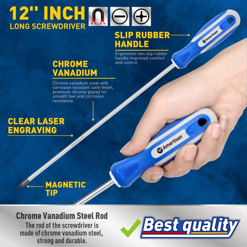 Amartisan 2-Piece 12'' long Screwdriver Set, Long Blade Screwdriver Set 12-Inch Magnetic Screwdriver, Phillips & Slotted Bits .ï¼ˆNEWï¼‰ - Image 2